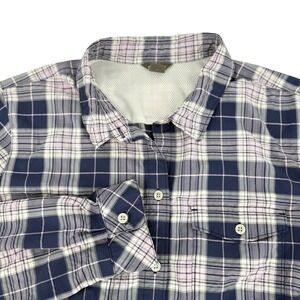 Eddie Bauer Womens Large Plaid Button Down Shirt Navy Purple Mesh Vent Hiking L